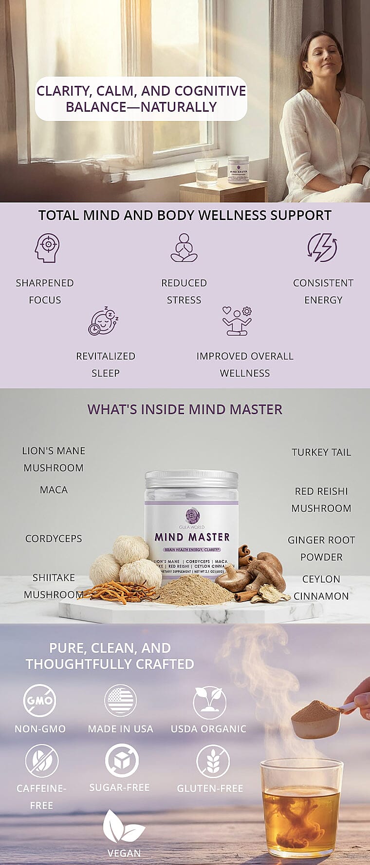 Gula World Mind Master Mushroom Powder for Brain Health, Energy, & Clarity Dietary Supplement (2.1oz) Banner