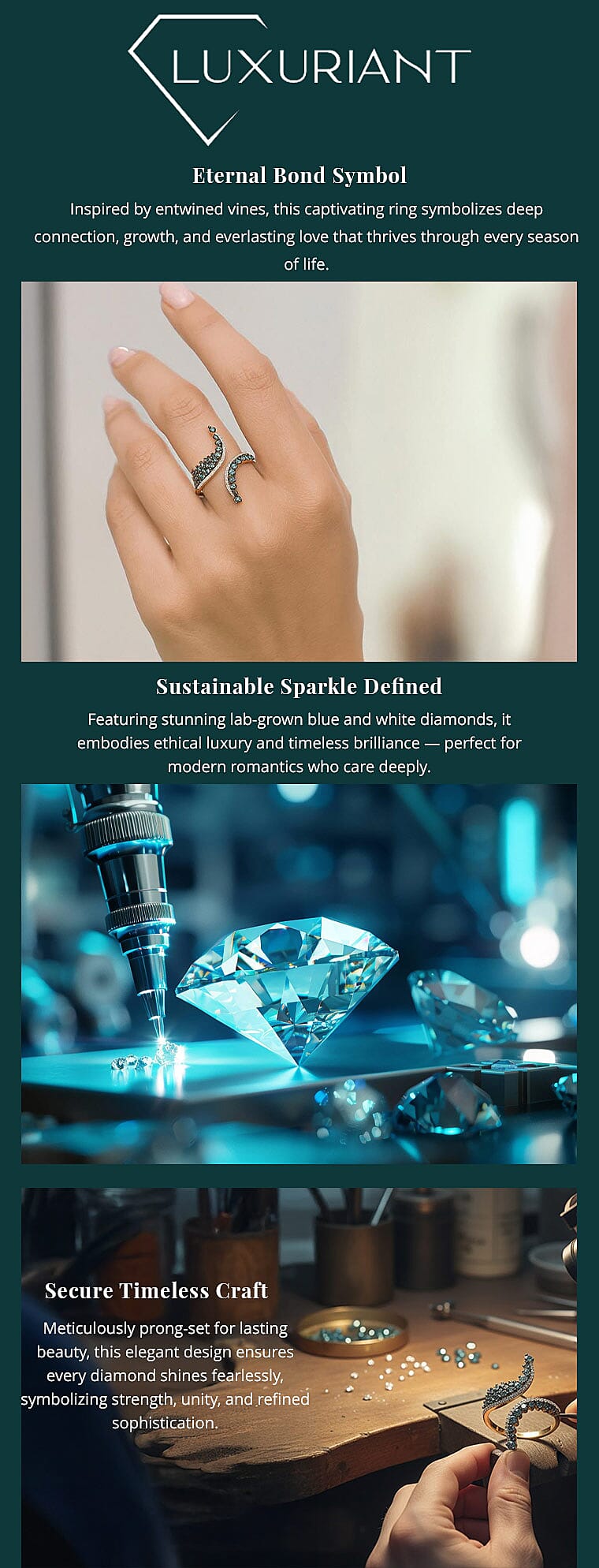 Luxuriant Lab Grown Blue Diamond (IR) and Lab Grown White Diamond SI 1.00 ctw Twilight Vine Ring in 18K Vermeil Yellow Gold Over Sterling Silver Banner