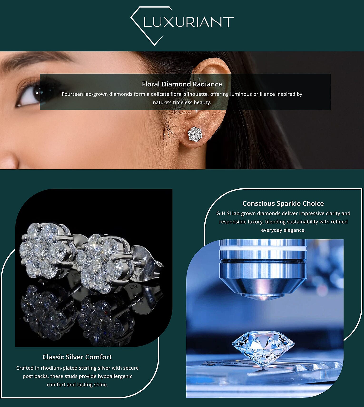 Luxuriant Lab Grown Diamond G-H SI 1.50 ctw Floral Stud Earrings in Rhodium Over Sterling Silver (Del. in 12-15 Days) Banner