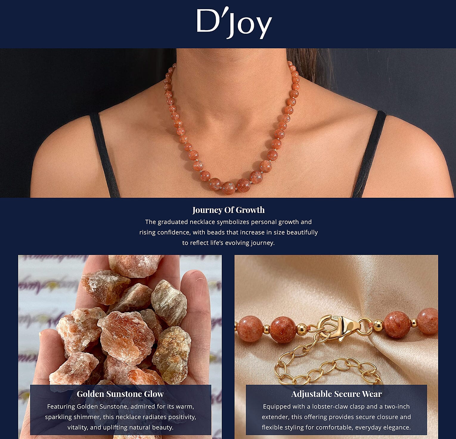 D'Joy AAAA RARE FIND Golden Sunstone 200.00 ctw Goldon Glow Beaded Necklace in 18K Vermeil Yellow Gold Over Sterling Silver 18-20 Inches Banner