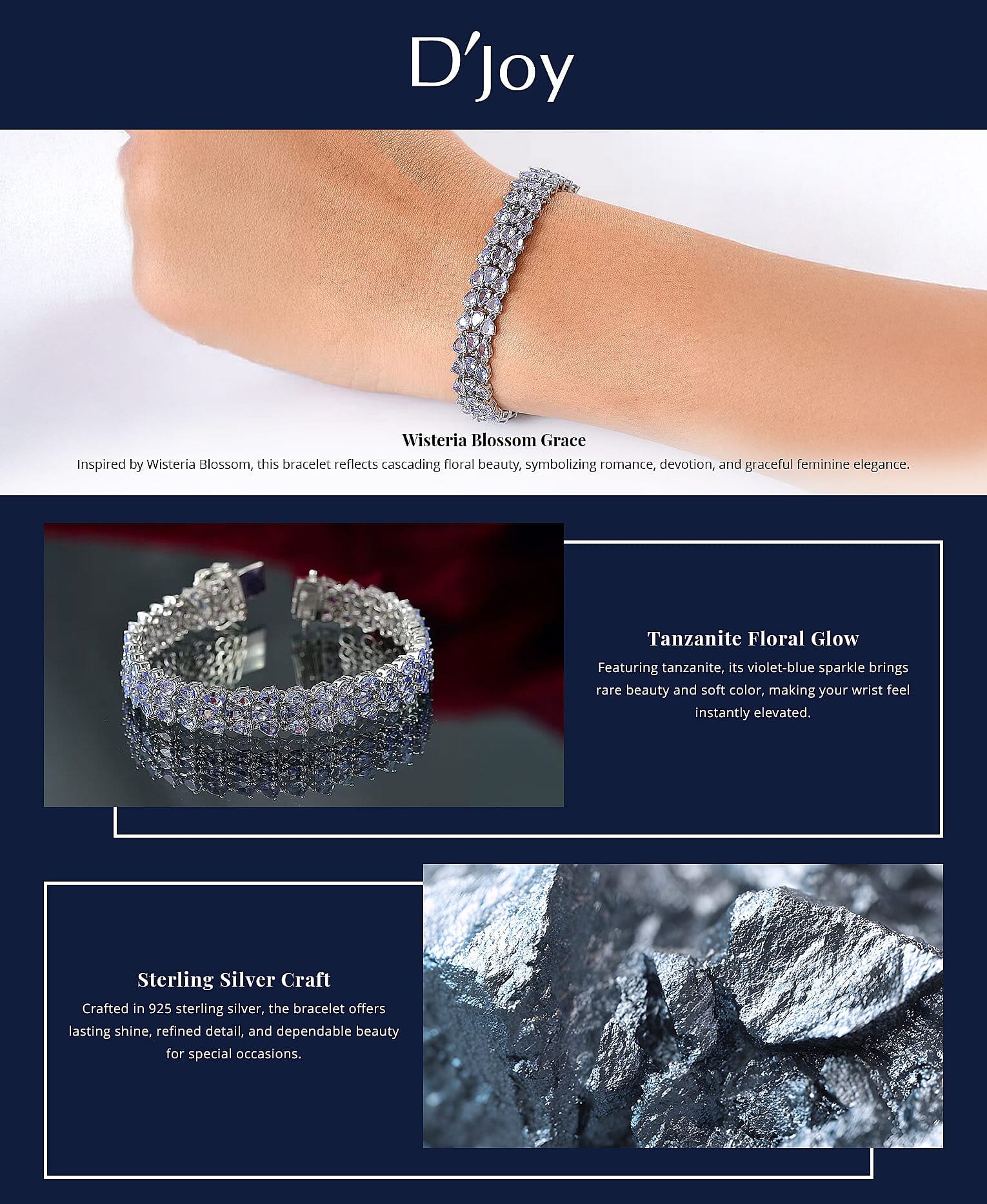 D'Joy Tanzanite 19 ctw Wisteria Blossom Bracelet in Rhodium Over Sterling Silver (7.25 In) Banner