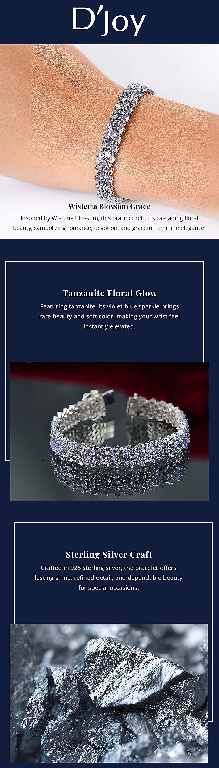 D'Joy Tanzanite 19 ctw Wisteria Blossom Bracelet in Rhodium Over Sterling Silver (7.25 In) Banner