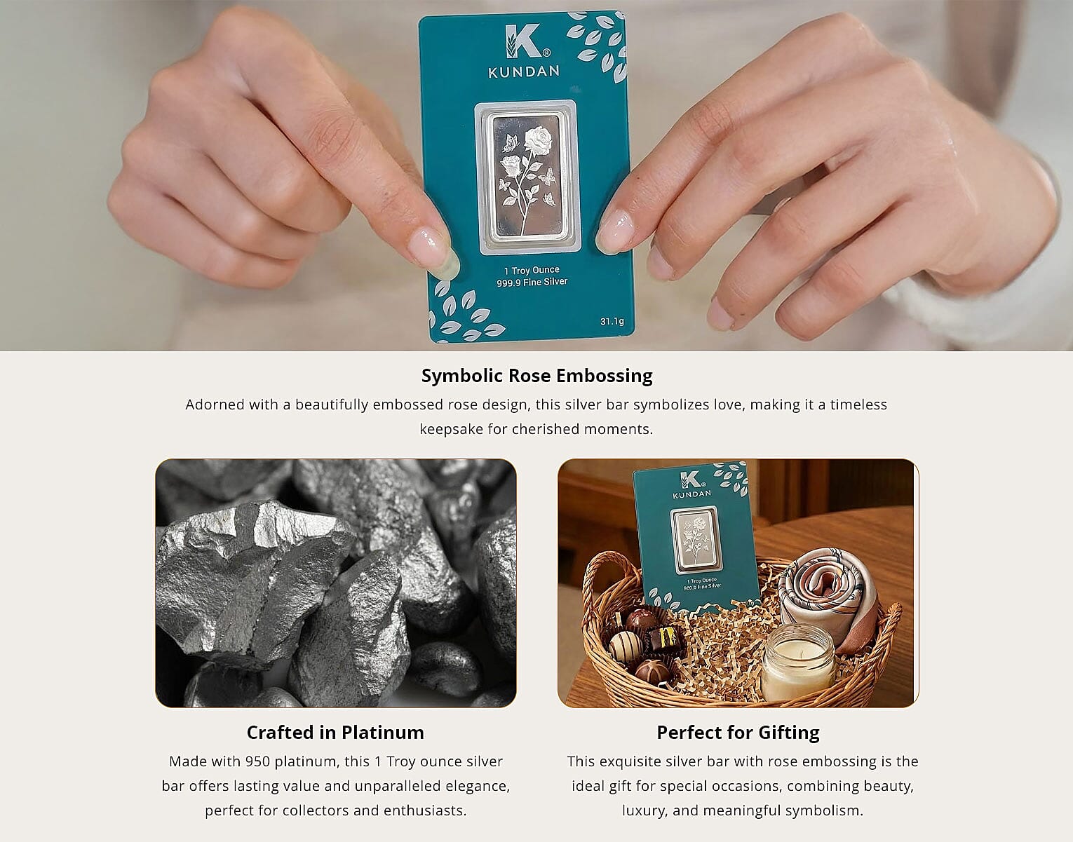 Doorbuster Kundan 999.9 Fine Silver One Troy Ounce Bullion Rose Flower Bar (31 g) Banner