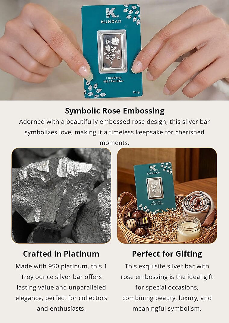 Doorbuster Kundan 999.9 Fine Silver One Troy Ounce Bullion Rose Flower Bar (31 g) Banner