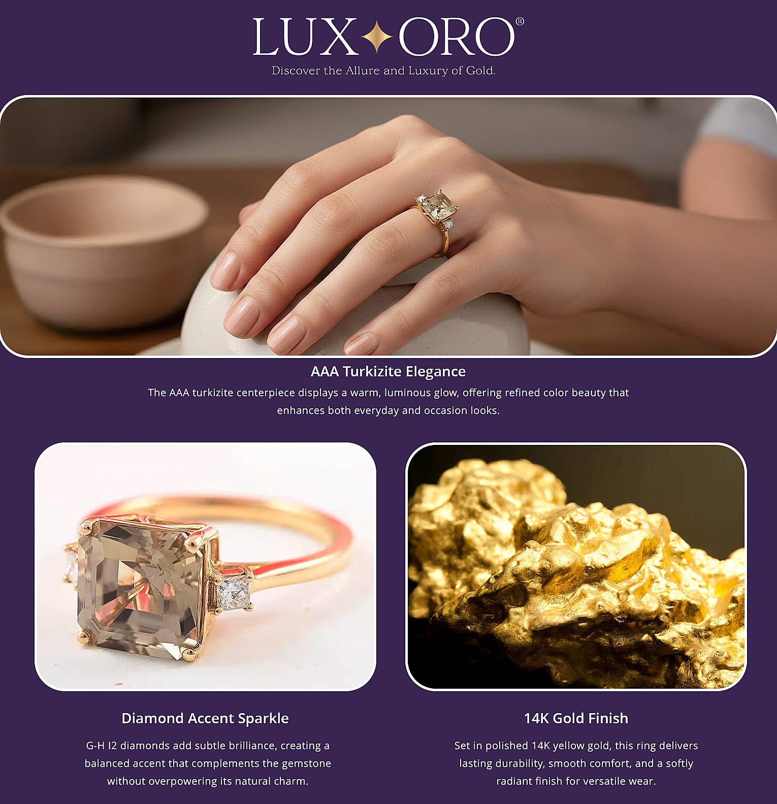 Luxoro AAA Turkizite, Diamond Ring in 14K Yellow Gold 4.35 ctw Banner