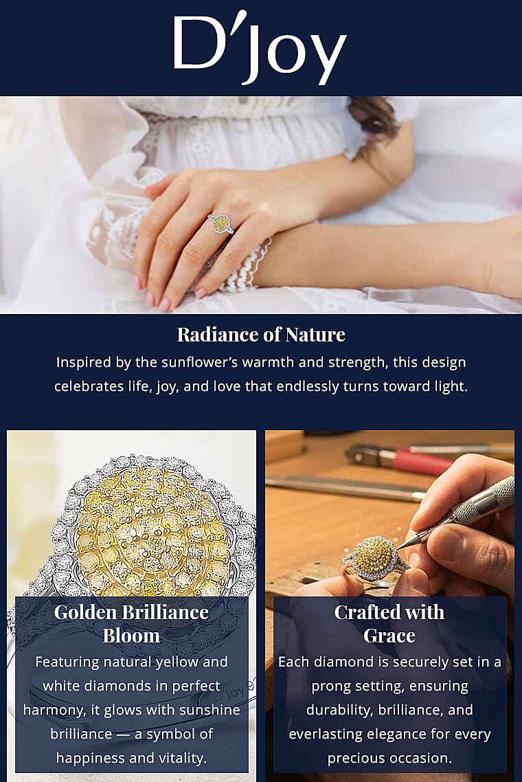 D'Joy Natural Yellow and White Diamond I3 0.50 ctw Sunflower Radiance Ring in Rhodium Over Sterling Silver Banner