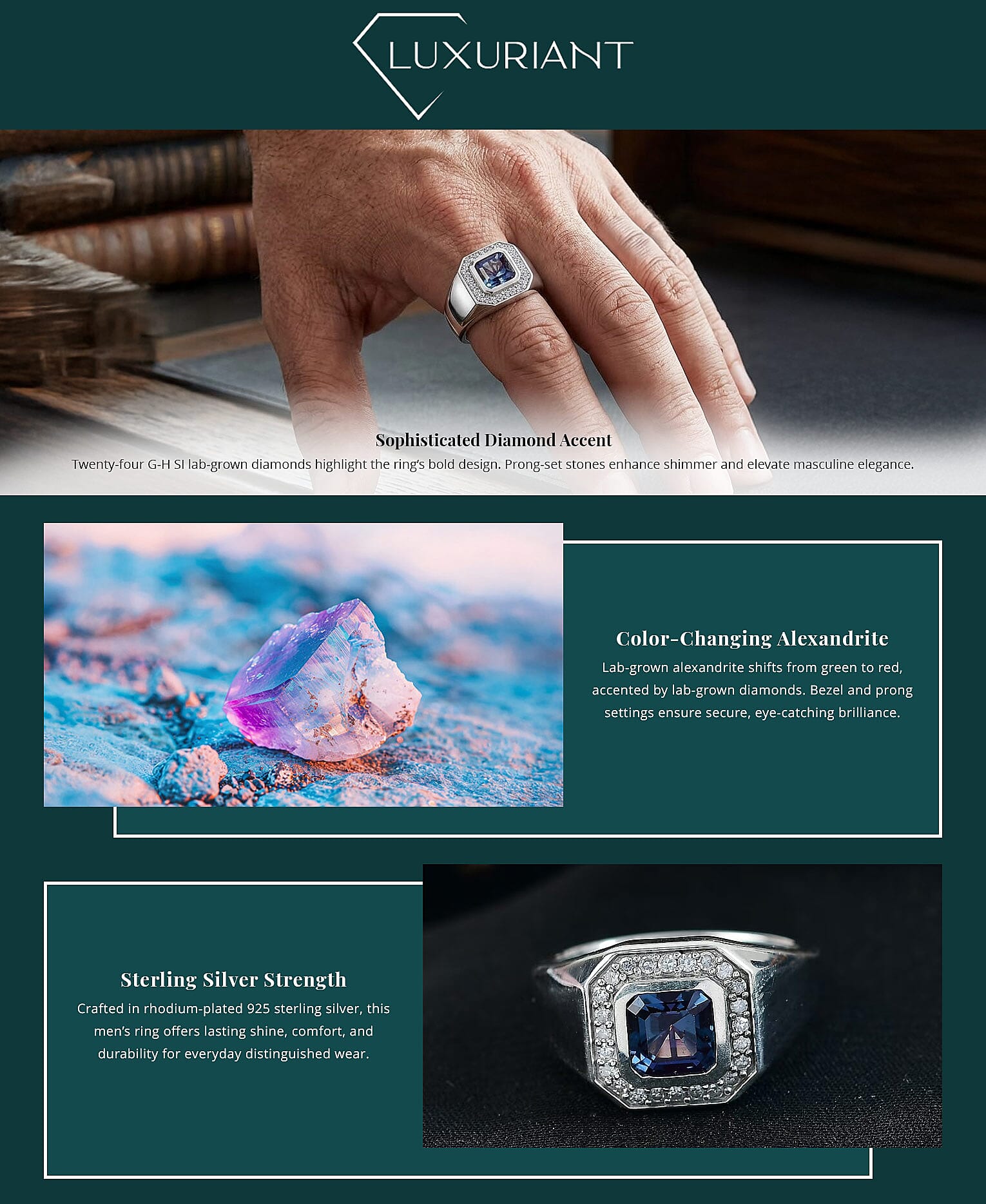 Luxuriant AAA Lab Grown Alexandrite and Lab Grown Diamond G-H SI 2.40 ctw Eclipse Valor Men's Ring in Rhodium Over Sterling Silver Banner
