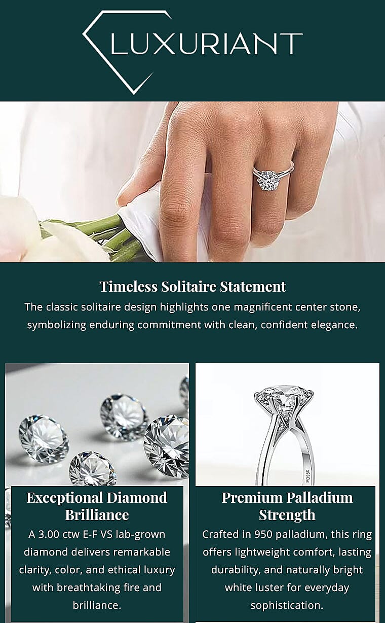 IGI Certified Luxuriant Lab Grown Diamond E-F VS 3.00 ctw Solitaire Ring in 950 Palladium (Del. in 12-15 Days) Banner