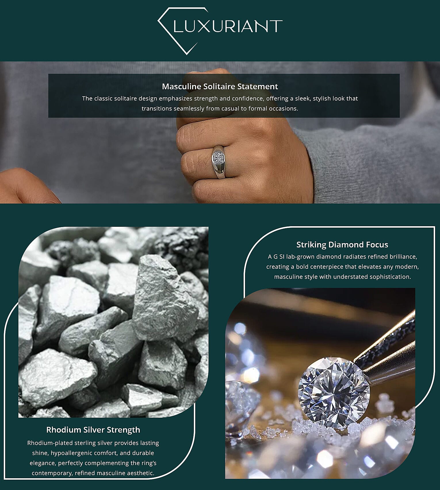 Luxuriant Lab Grown Diamond G SI 1.00 ctw Men's Ring in Rhodium Over Sterling Silver (Del. in 12-15 Days) Banner