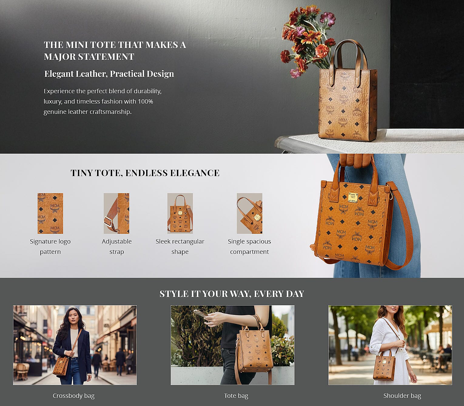 Closeout MCM Cognac Genuine Leather Mini Tote Bag (Ships in 8-10 Business Days) Banner