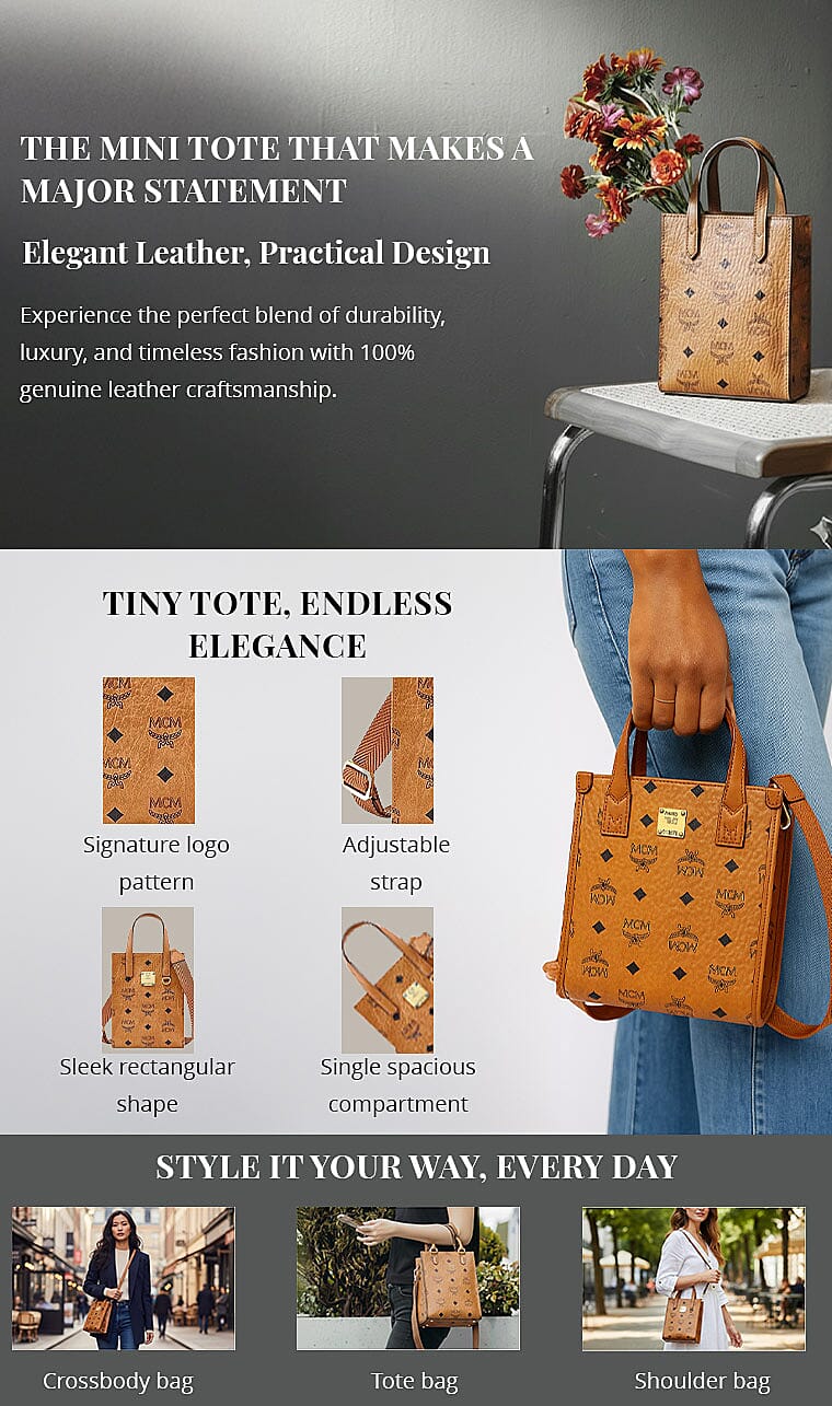 Closeout MCM Cognac Genuine Leather Mini Tote Bag (Ships in 8-10 Business Days) Banner