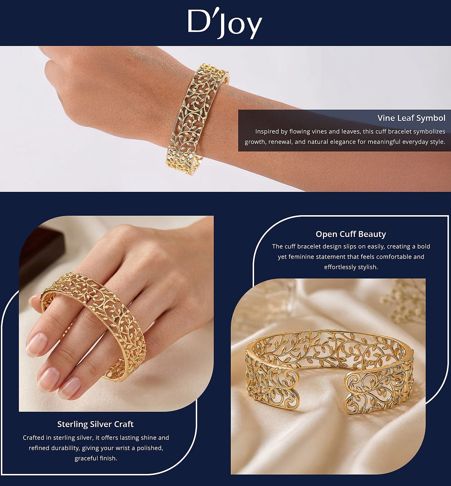 D'Joy Vine and Leaf Cuff Bracelet in 18K Vermeil Yellow Gold Over Sterling Silver (7.25 In) 34.50 Grams Banner