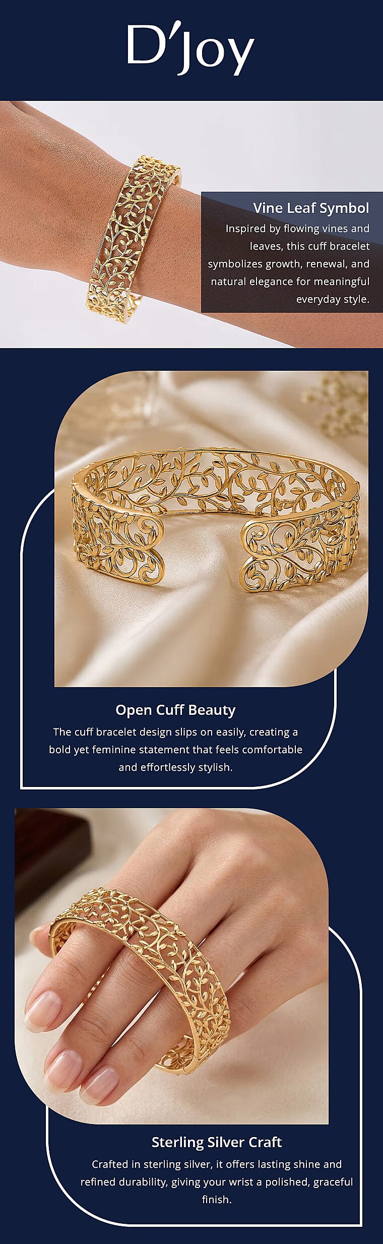 D'Joy Vine and Leaf Cuff Bracelet in 18K Vermeil Yellow Gold Over Sterling Silver (7.25 In) 34.50 Grams Banner