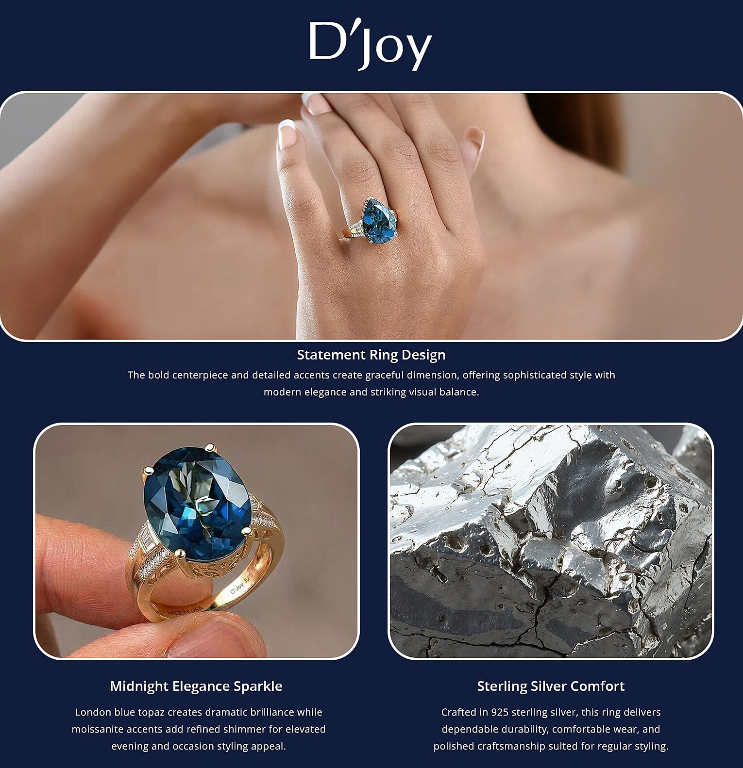 Certified & Appraised D'Joy London Blue Topaz and Moissanite 13.50 ctw Midnight Elegance Ring in 18K Vermeil Yellow Gold Over Sterling Silver Banner