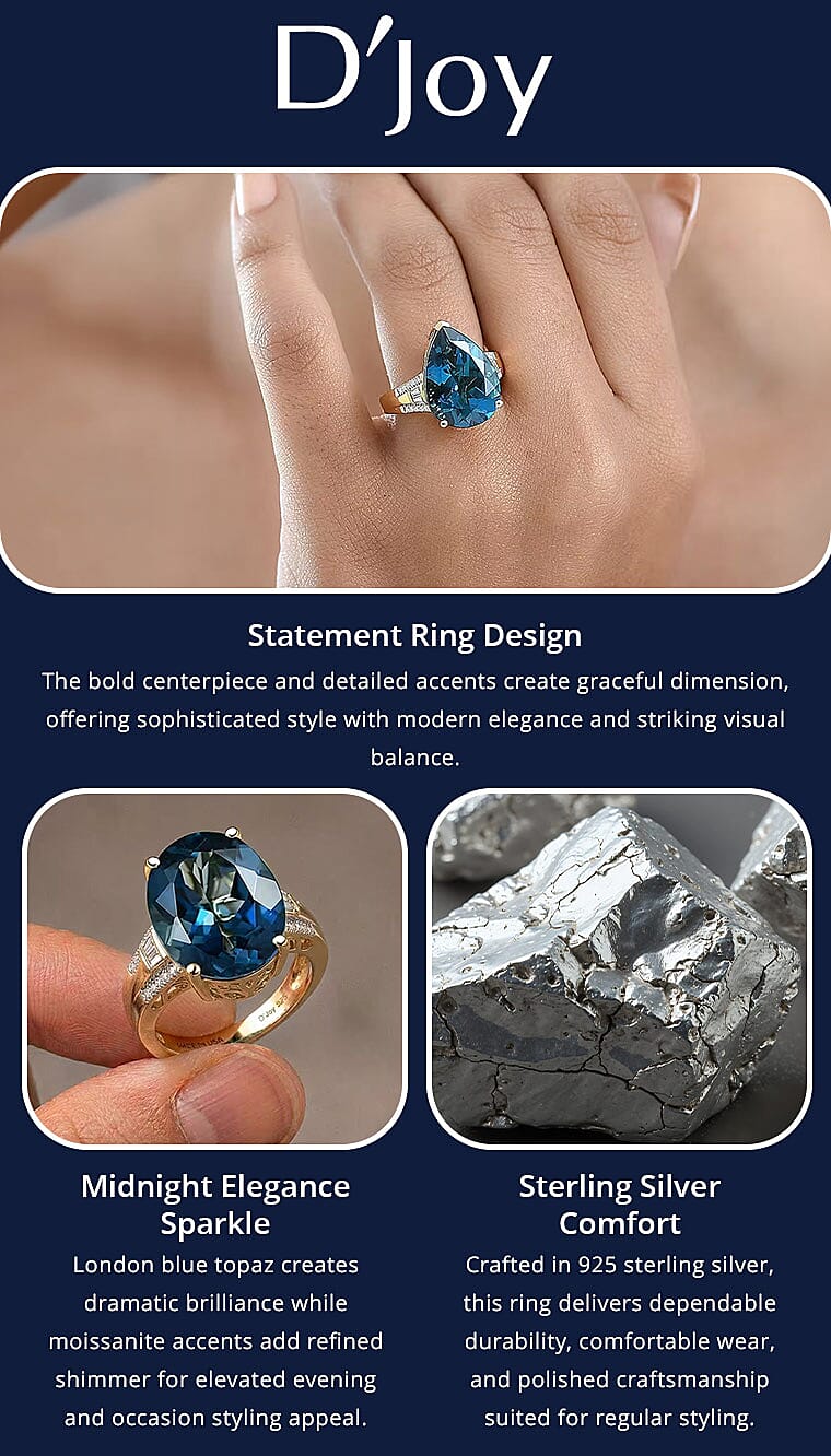 Certified & Appraised D'Joy London Blue Topaz and Moissanite 13.50 ctw Midnight Elegance Ring in 18K Vermeil Yellow Gold Over Sterling Silver Banner