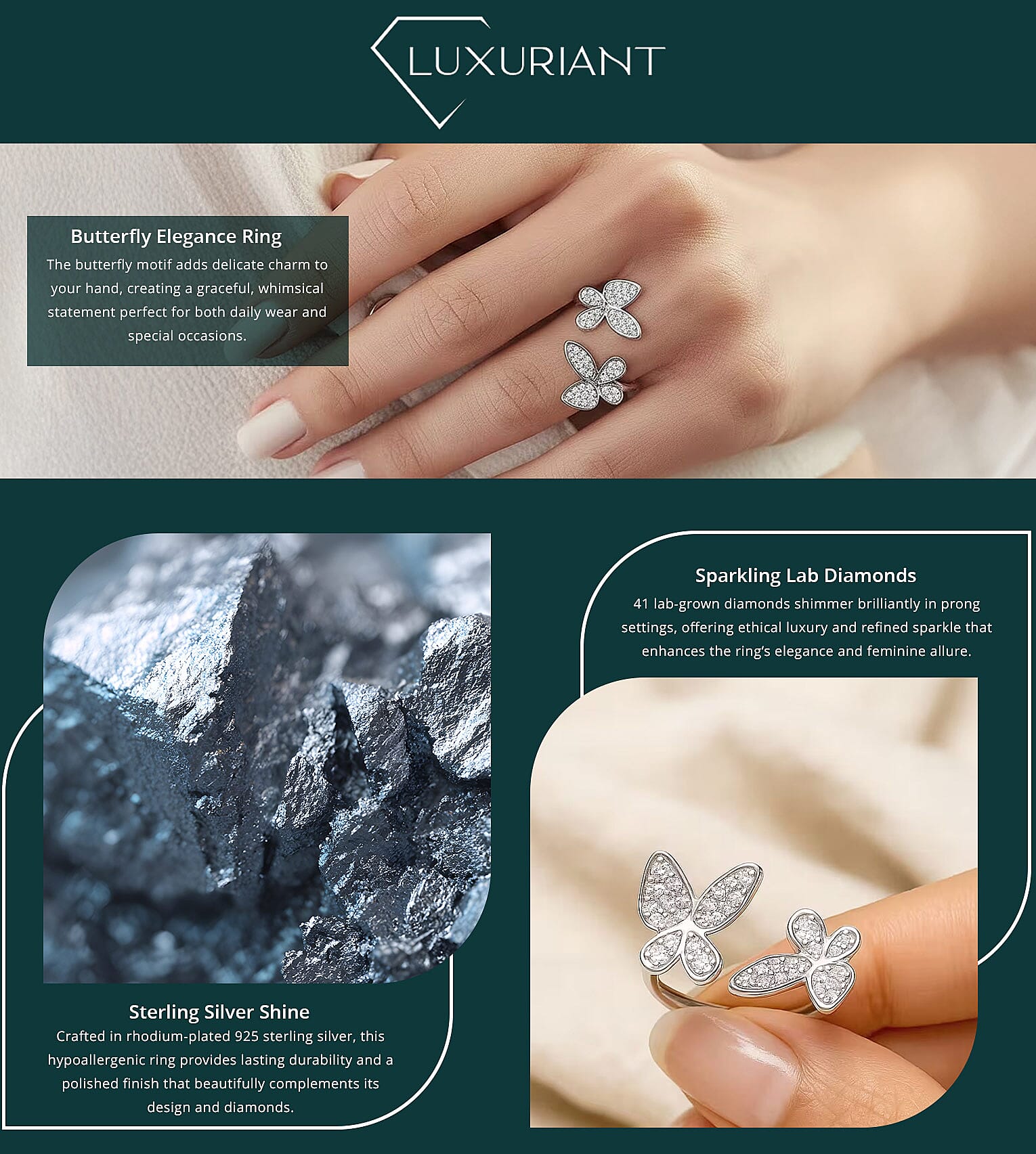 Luxuriant Lab Grown Diamond G-H SI 0.50 ctw Butterfly Ring in Rhodium Over Sterling Silver Banner