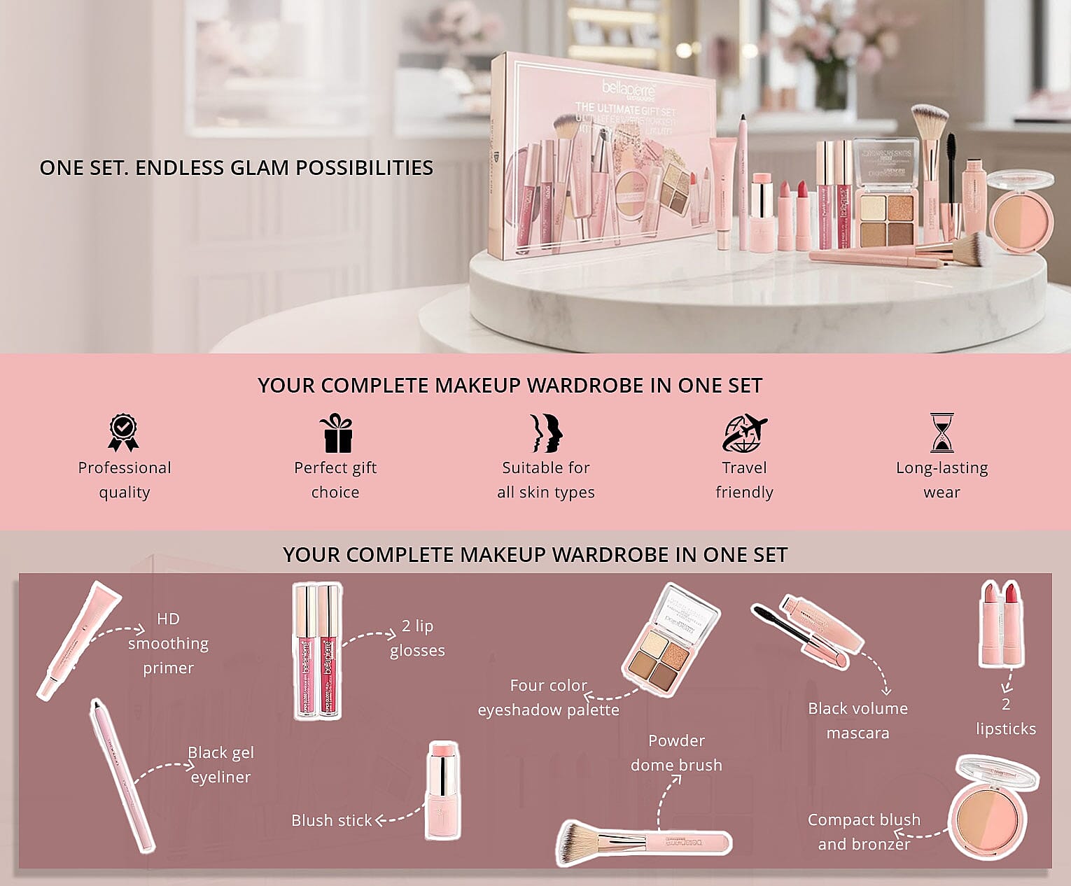 Bellapierre Nude 11pcs Ultimate Gift Set (Gloss, Lipstick, Blush, Bronzer, Palette, Primer, Mascara, Eyeliner, Brush) Banner