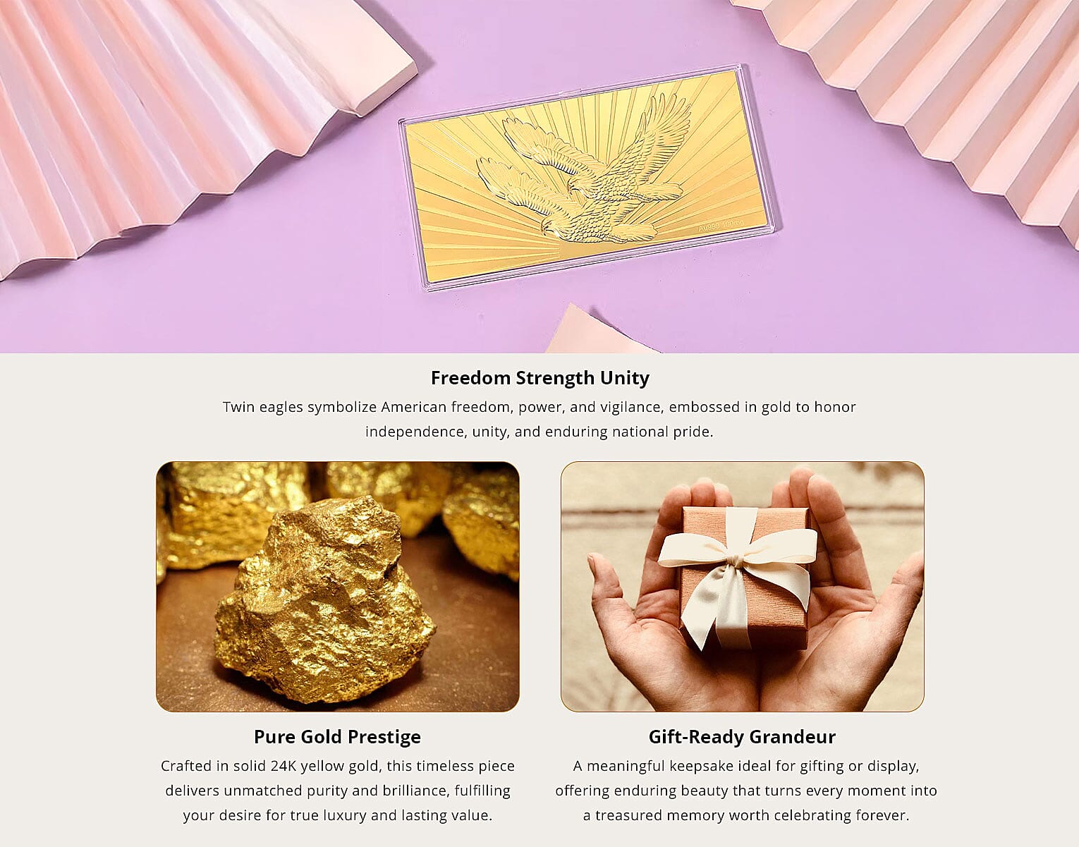 24K Golden Symbol of American Freedom – Twin Eagles Embossed Sheet (15.5 × 7.5 cm) 100 mg Banner