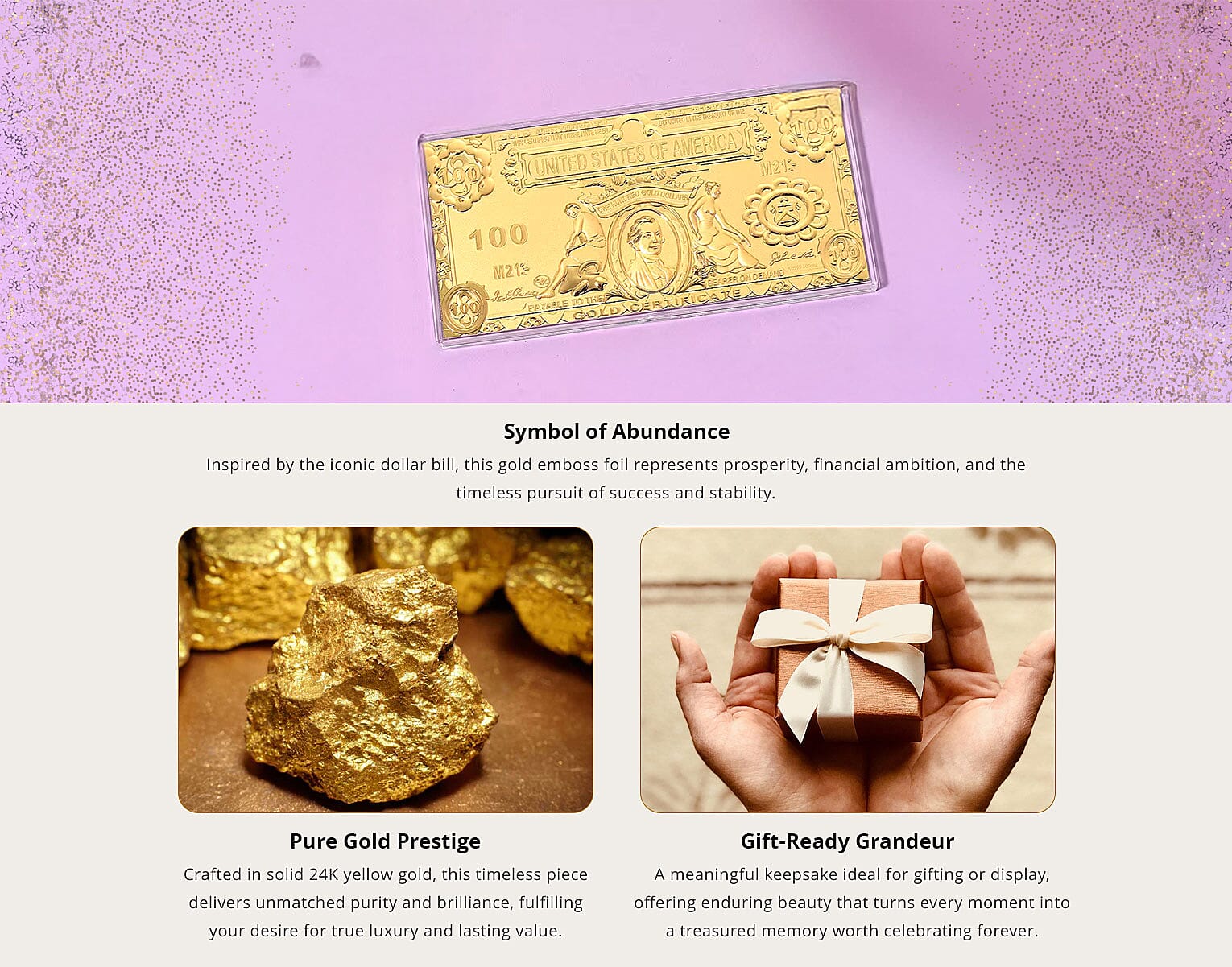 Valentine Special Deal 24K Golden American Legacy Two-Dollar Bill Embossed Sheet (15.5x7.5cm) 100mg Banner