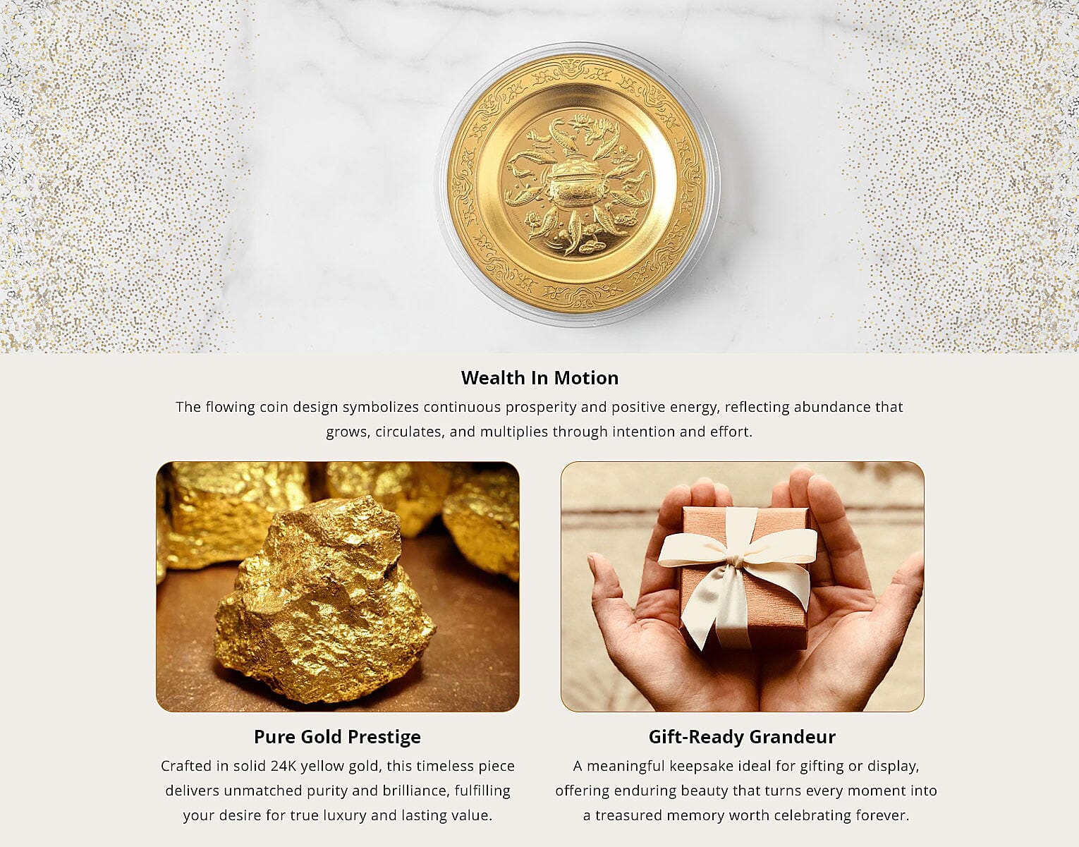 Valentine Special Deal 24K Golden Flow of Prosperity Embossed Coin Sheet • 100 mg Banner