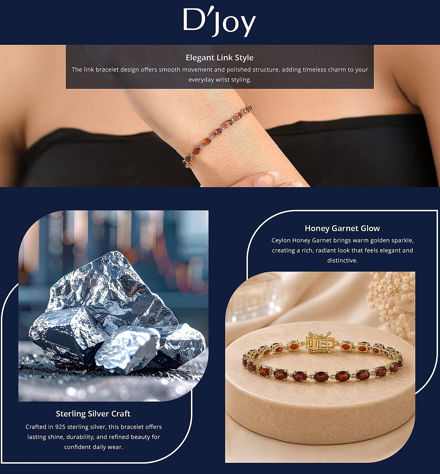 D'Joy AAA Ceylon Honey Garnet 11.80 ctw Firelight Bracelet in 18K Vermeil Yellow Gold Over Sterling Silver (7.25 In) Banner