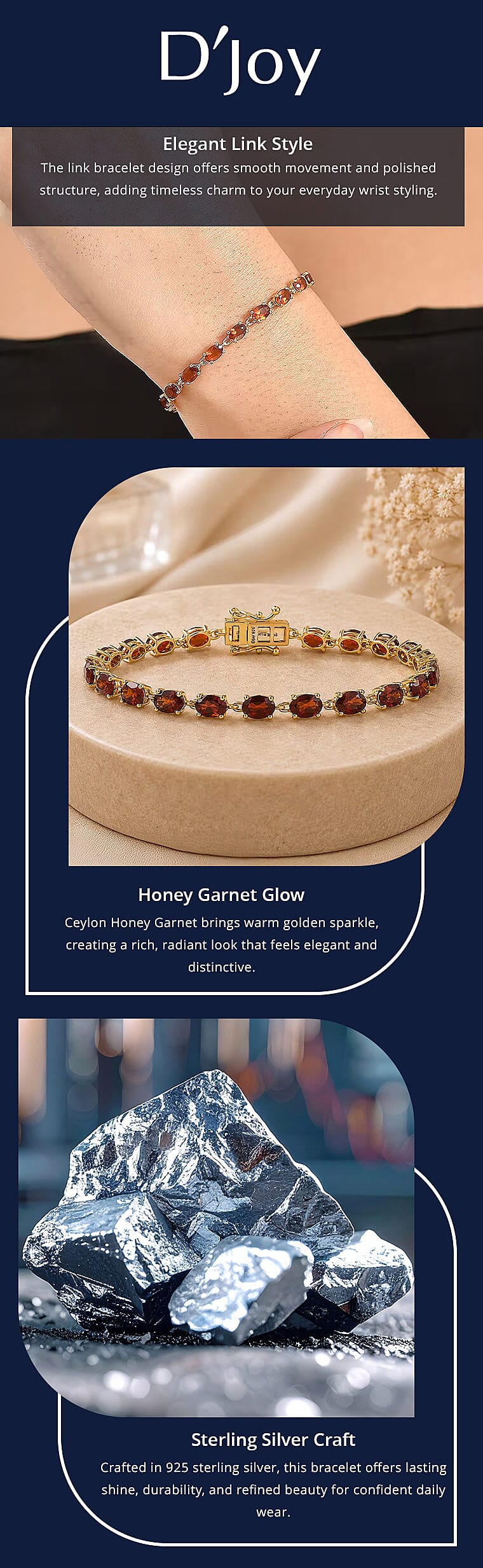 D'Joy AAA Ceylon Honey Garnet 11.80 ctw Firelight Bracelet in 18K Vermeil Yellow Gold Over Sterling Silver (7.25 In) Banner