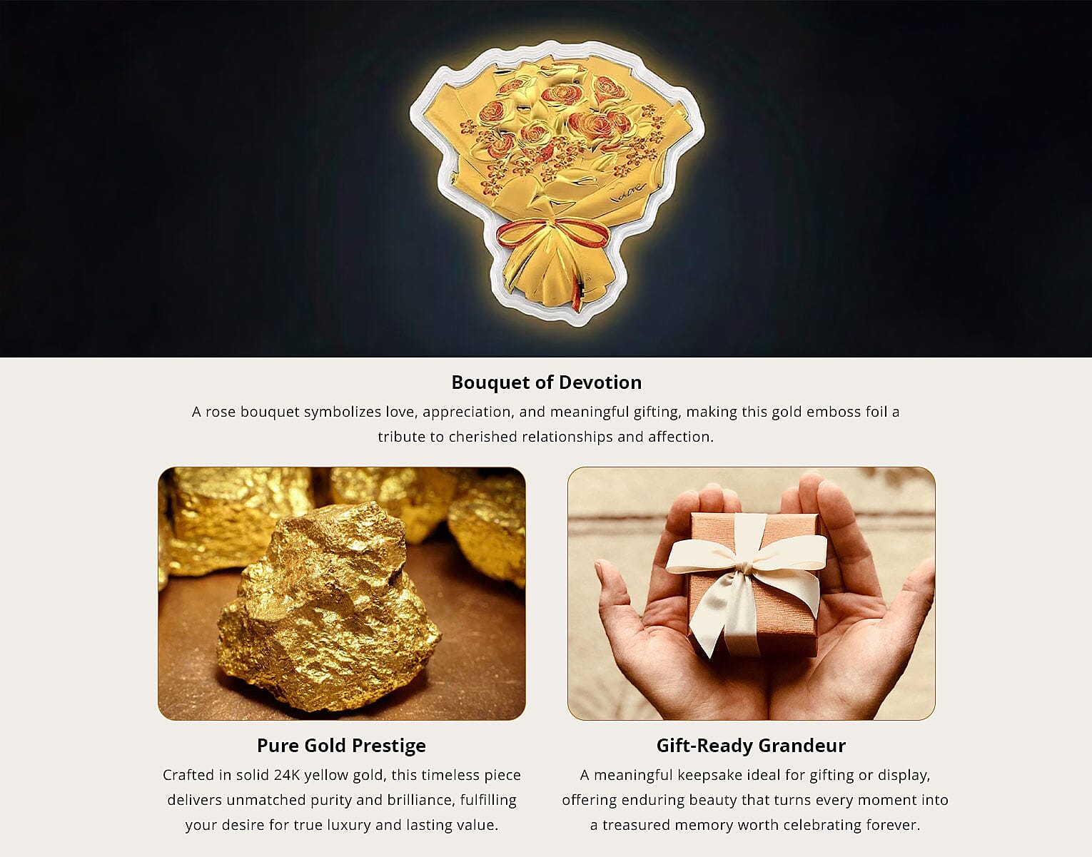 24K Gold Rose Bouquet – A Gift of Love Embossed Sheet 10 mg | Gift Book Packaging Banner