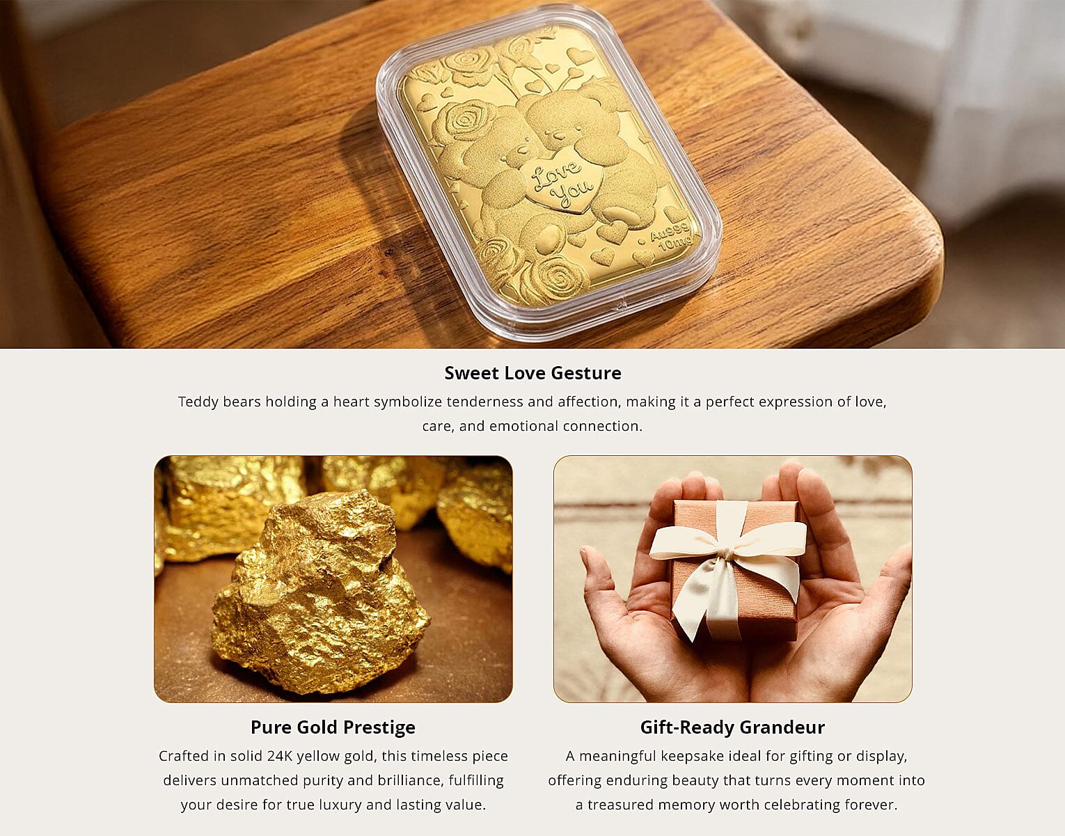 24K Golden Teddy Bears Holding a Heart Emboss Sheet 31x45.5mm 10mg Banner