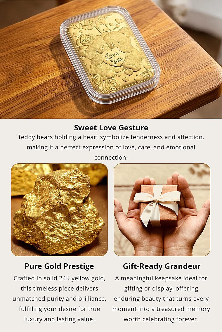 24K Golden Teddy Bears Holding a Heart Emboss Sheet 31x45.5mm 10mg Banner