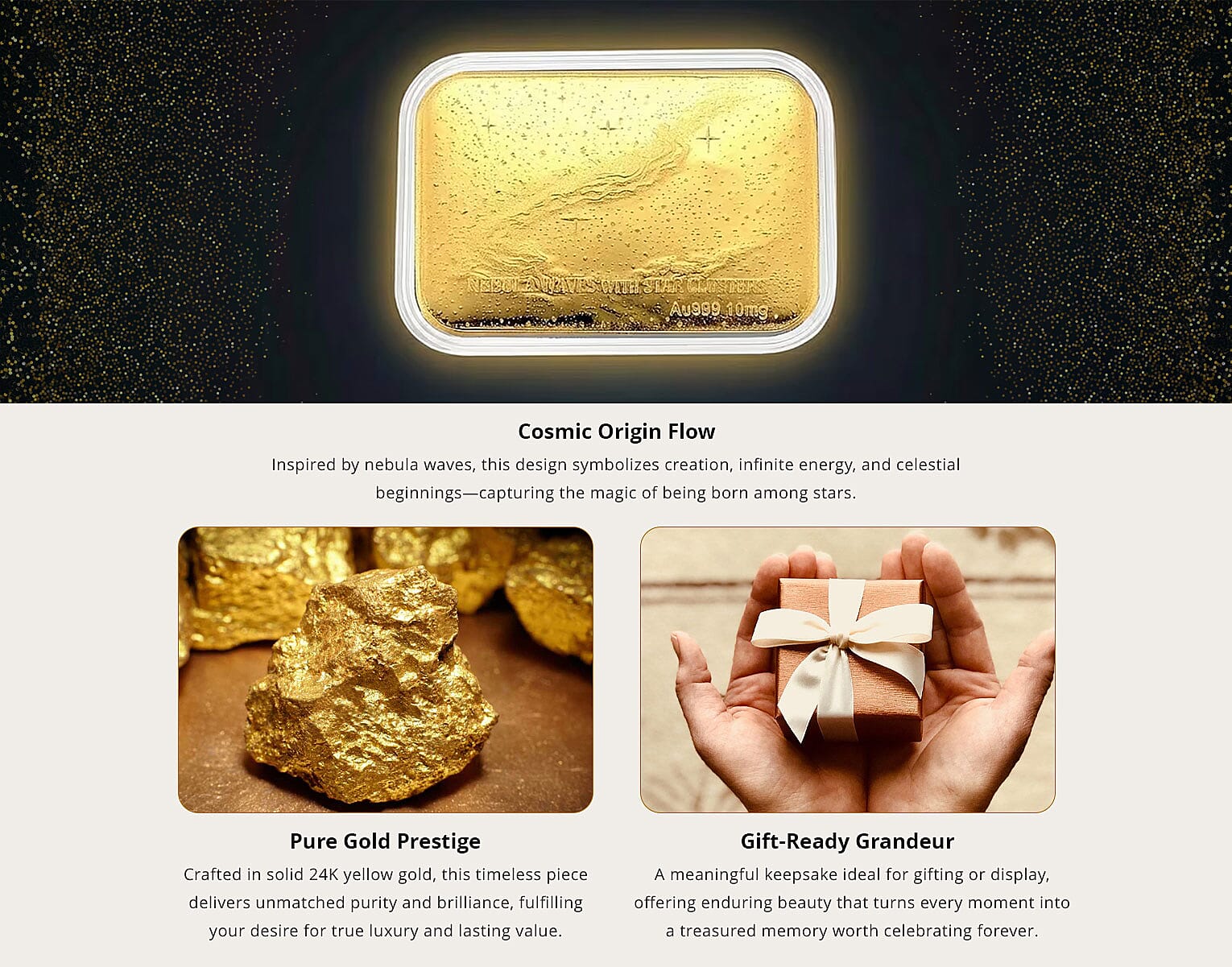 24K Golden Nebula Waves - Born Among the Stars Embossed Sheet 31x45.5mm 10mg Banner