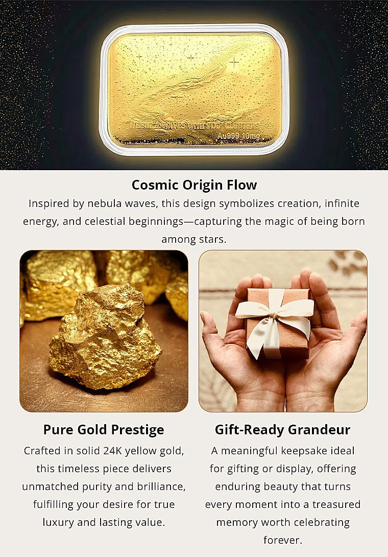 24K Golden Nebula Waves - Born Among the Stars Embossed Sheet 31x45.5mm 10mg Banner