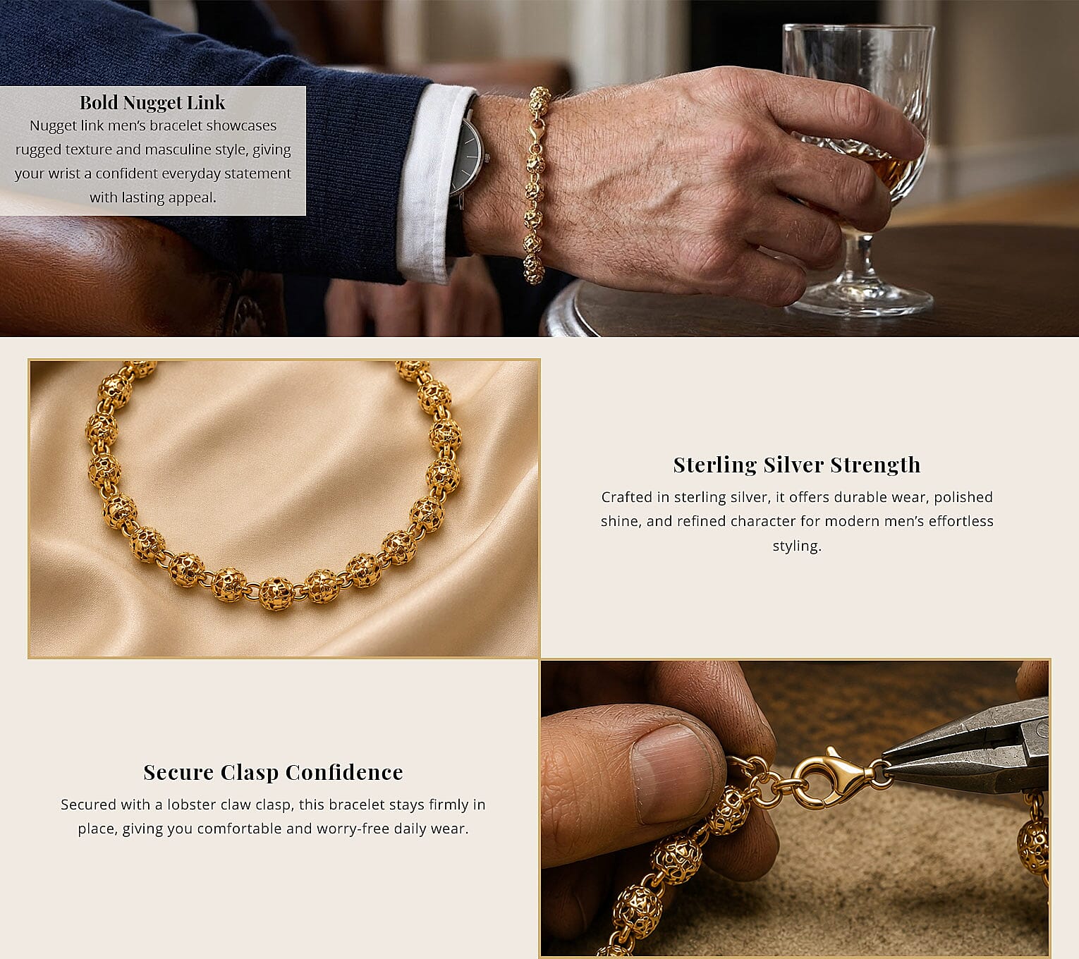 Nugget Link Men's Bracelet in 18K Vermeil Yellow Gold Over Sterling Silver (8.50 In) 21.20 Grams Banner