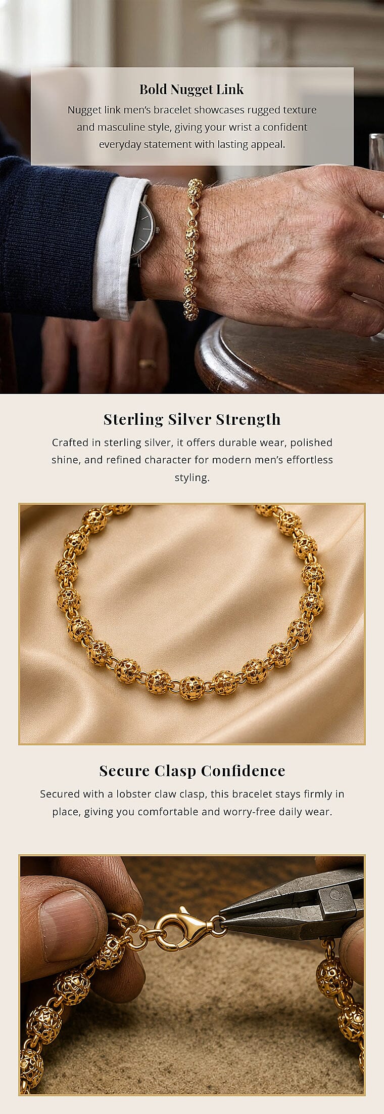 Nugget Link Men's Bracelet in 18K Vermeil Yellow Gold Over Sterling Silver (8.50 In) 21.20 Grams Banner