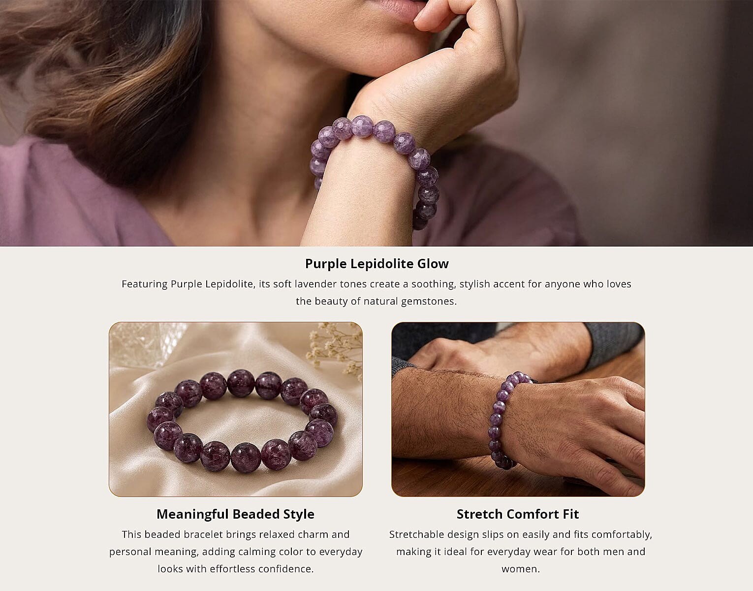 Purple Lepidolite 240.00 ctw Beaded Stretch Bracelet Banner