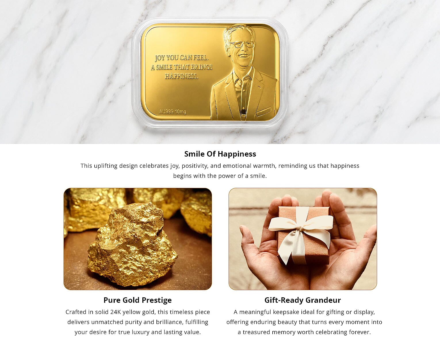 24K Yellow Gold Joy You Can Feel A Smile That Brings Happiness Embossed Sheet (31x45.5mm) 10mg Banner