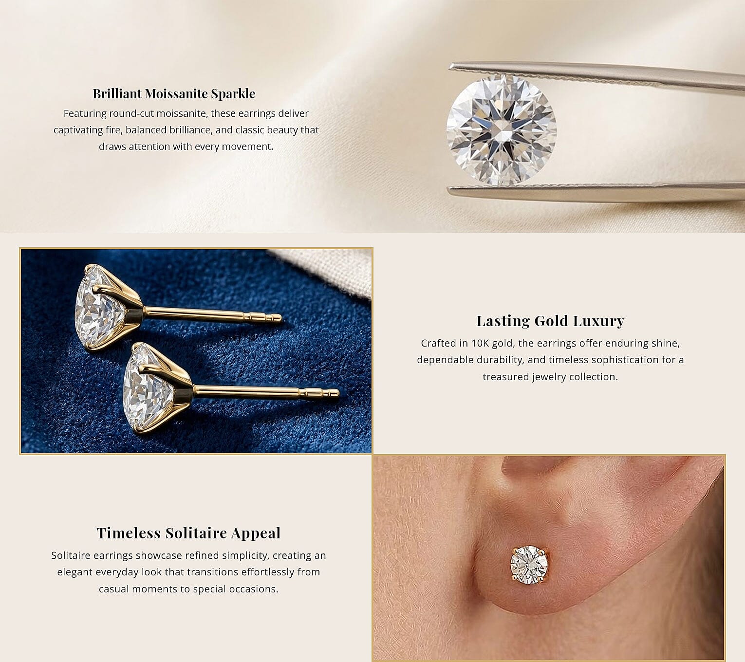 120 Facet Moissanite (Rnd 6.5mm) Trilogy Ring , Pendant without Chain and Stud Earrings Jewelry Set For Women in Vermeil YG Over Sterling Silver 6.20 ctw Banner