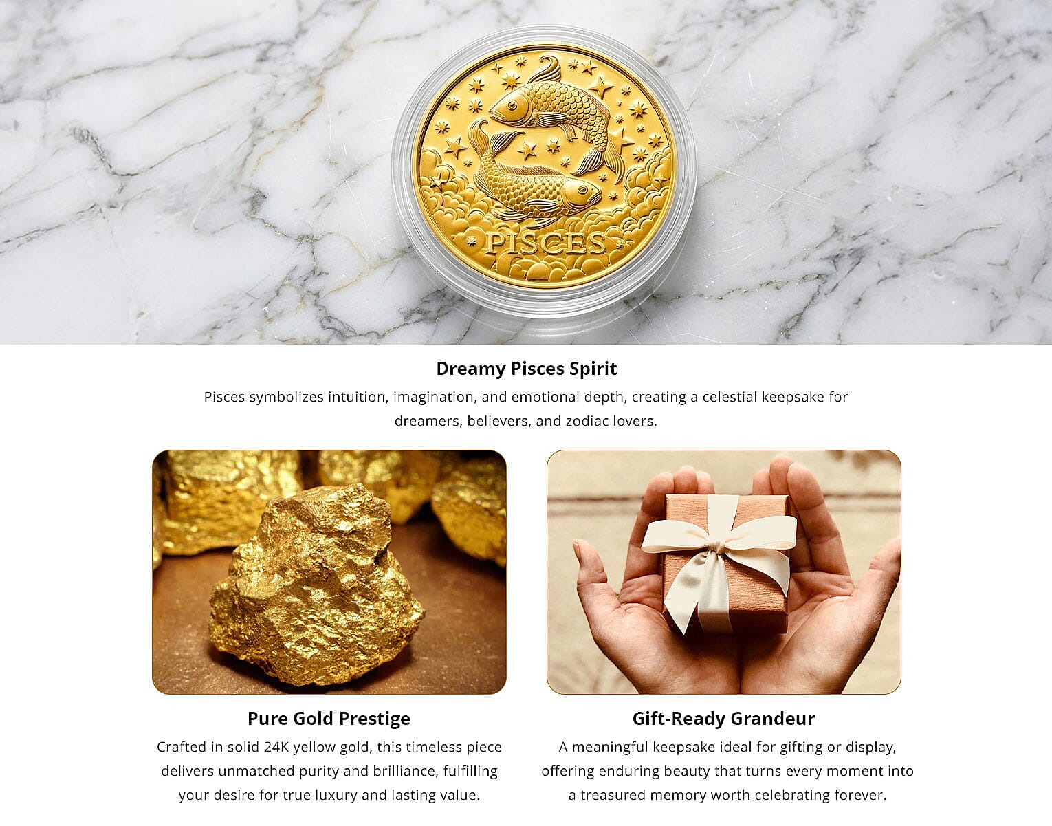 24K Gold Celestial Zodiac Collection - Pisces Embossed Double View Coin Sheet 10mg (50mm) Banner