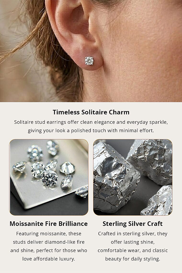 Certified Moissanite (D-E, VVS1- VVS2) 1.00 ctw Stud Earrings in Sterling Silver Banner