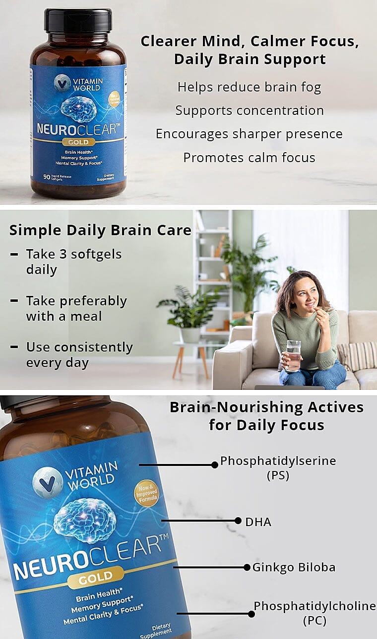 Vitamin World Neuro Clear Brain Health Dietary Supplement (90 Soft Gels) Made in US Banner