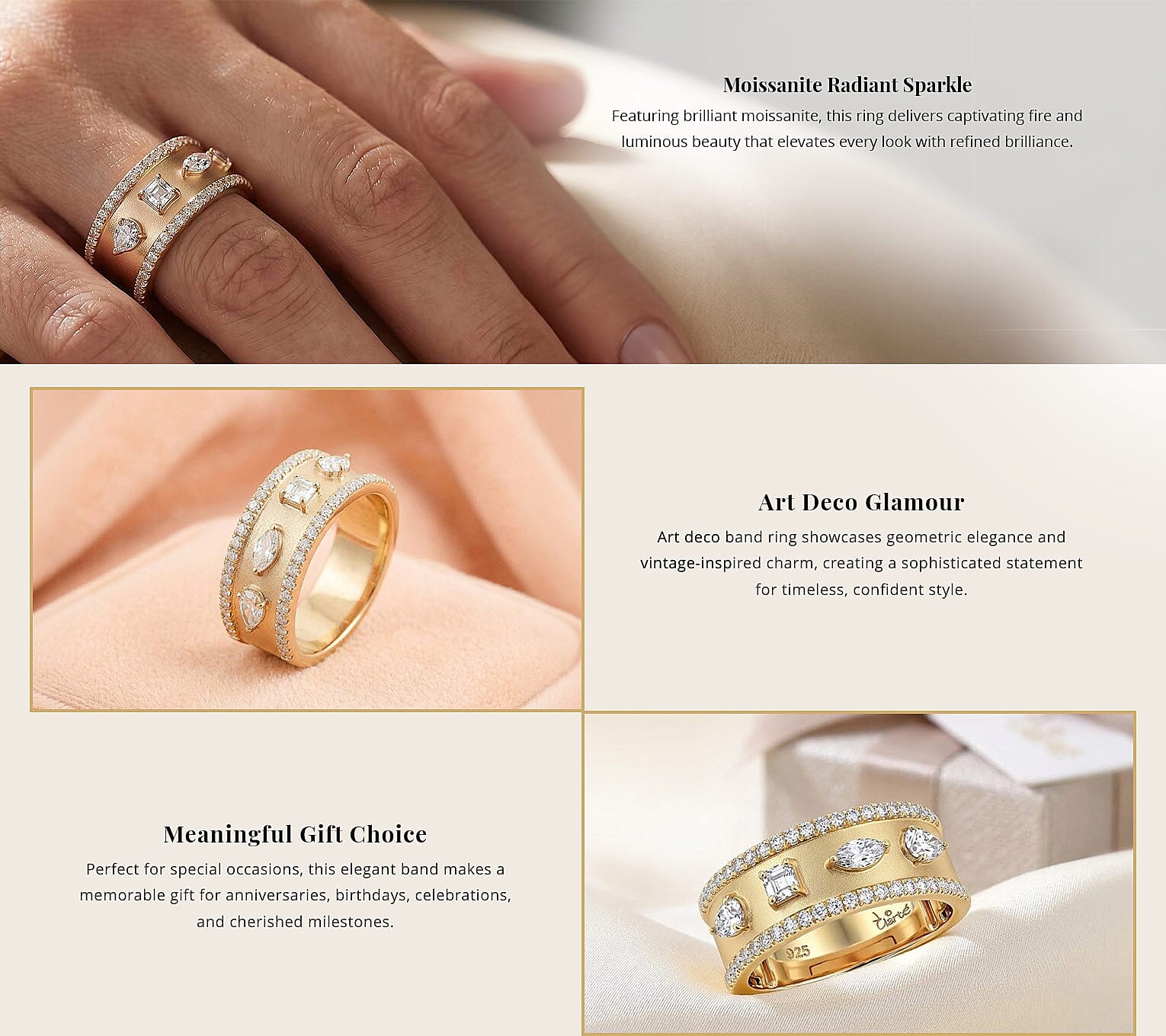 120 Facet Moissanite (Rnd 6.5mm) Trilogy Ring , Pendant without Chain and Stud Earrings Jewelry Set For Women in Vermeil YG Over Sterling Silver 6.20 ctw Banner