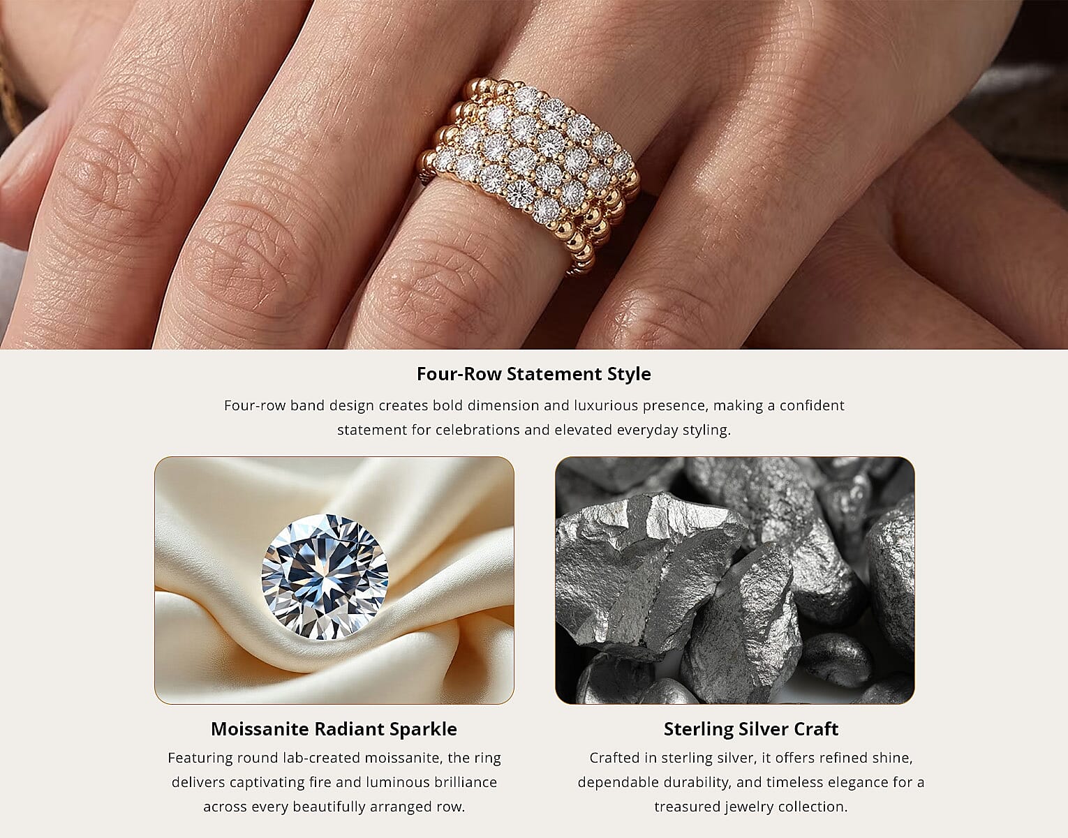 120 Facet Moissanite (Rnd 6.5mm) Trilogy Ring , Pendant without Chain and Stud Earrings Jewelry Set For Women in Vermeil YG Over Sterling Silver 6.20 ctw Banner