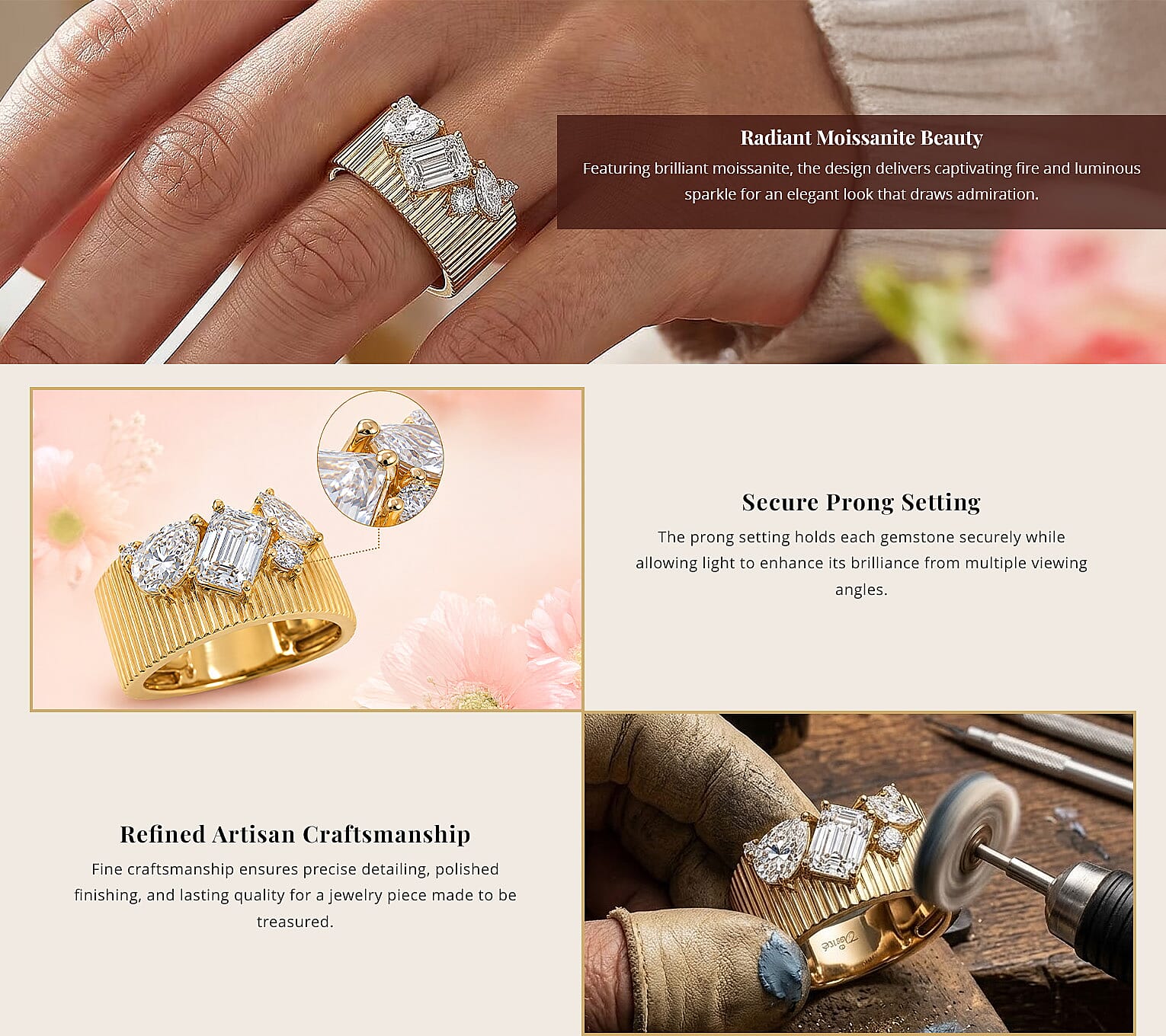 120 Facet Moissanite (Rnd 6.5mm) Trilogy Ring , Pendant without Chain and Stud Earrings Jewelry Set For Women in Vermeil YG Over Sterling Silver 6.20 ctw Banner