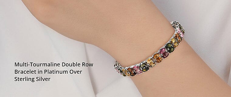 Multi-Tourmaline Double Row Bracelet in Platinum Over Sterling Silver Banner