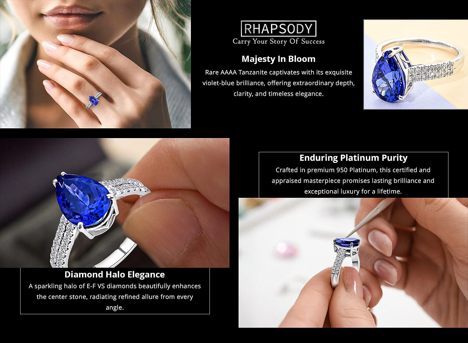 Certified and Appraised Rhapsody 950 Platinum AAAA Tanzanite and E-F VS Diamond Ring Banner