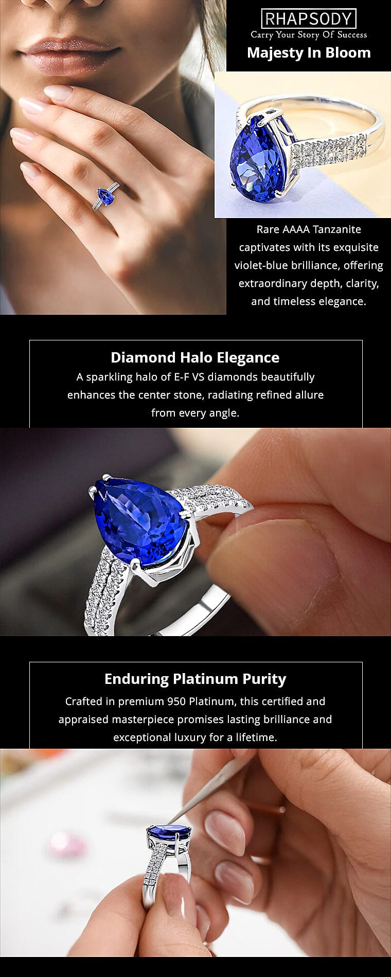 Certified and Appraised Rhapsody 950 Platinum AAAA Tanzanite and E-F VS Diamond Ring Banner