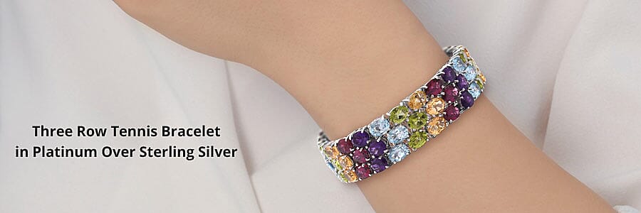 Three Row Tennis Bracelet in Platinum Over Sterling Silver Banner