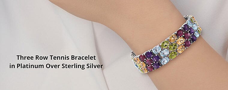 Three Row Tennis Bracelet in Platinum Over Sterling Silver Banner