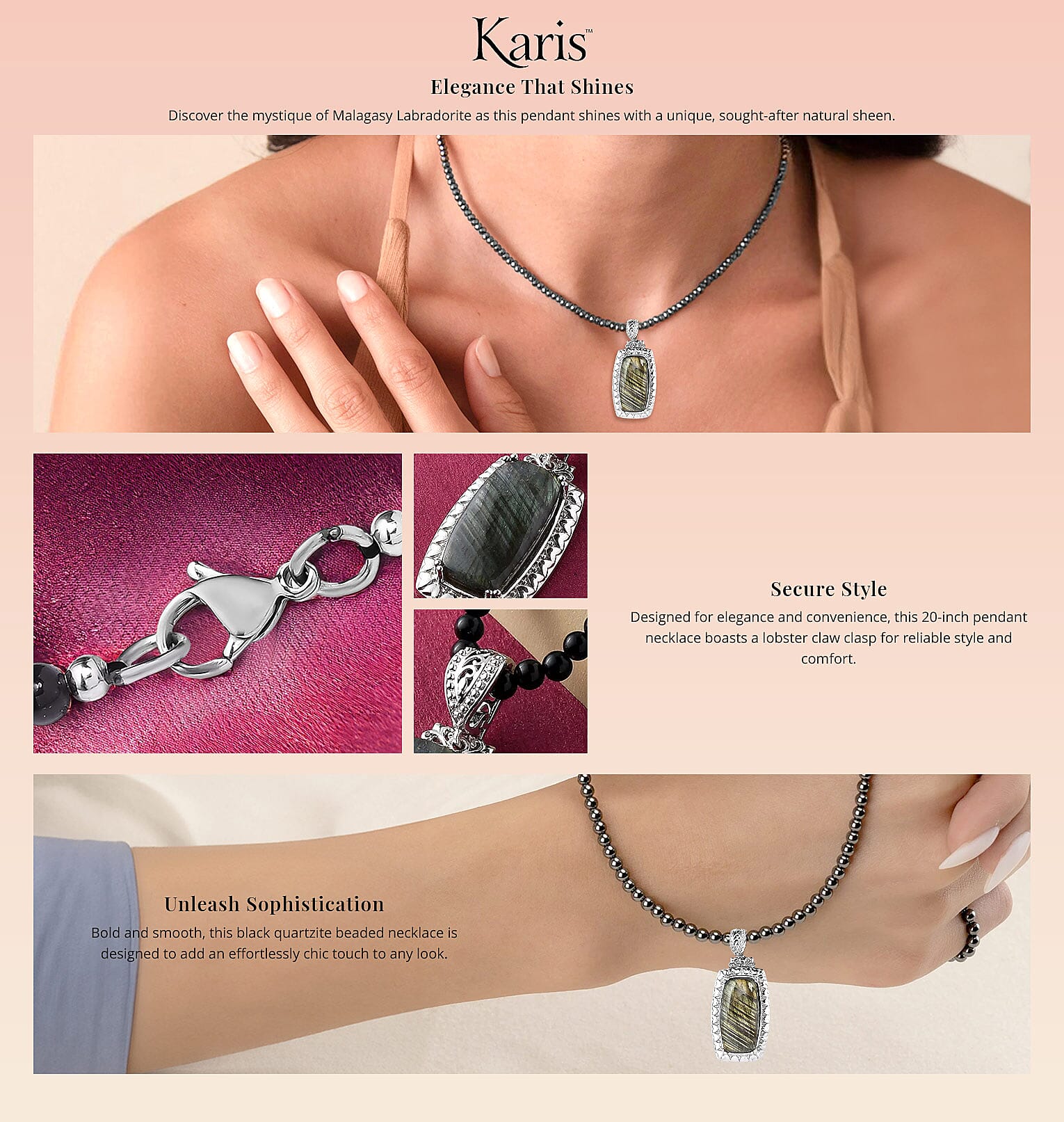 Karis Malagasy Labradorite 92.75 ctw Pendant with Black Quartzite Beaded Necklace in Platinum Bond Banner