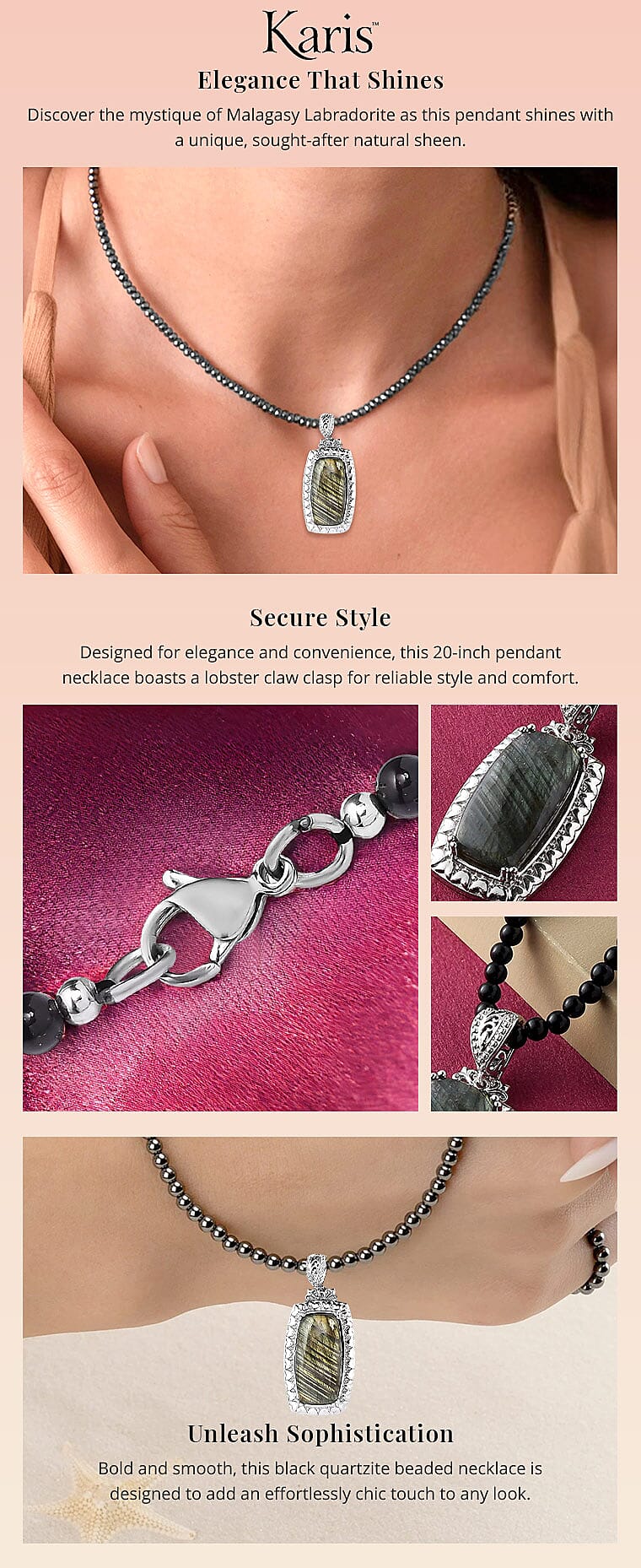 Karis Malagasy Labradorite 92.75 ctw Pendant with Black Quartzite Beaded Necklace in Platinum Bond Banner