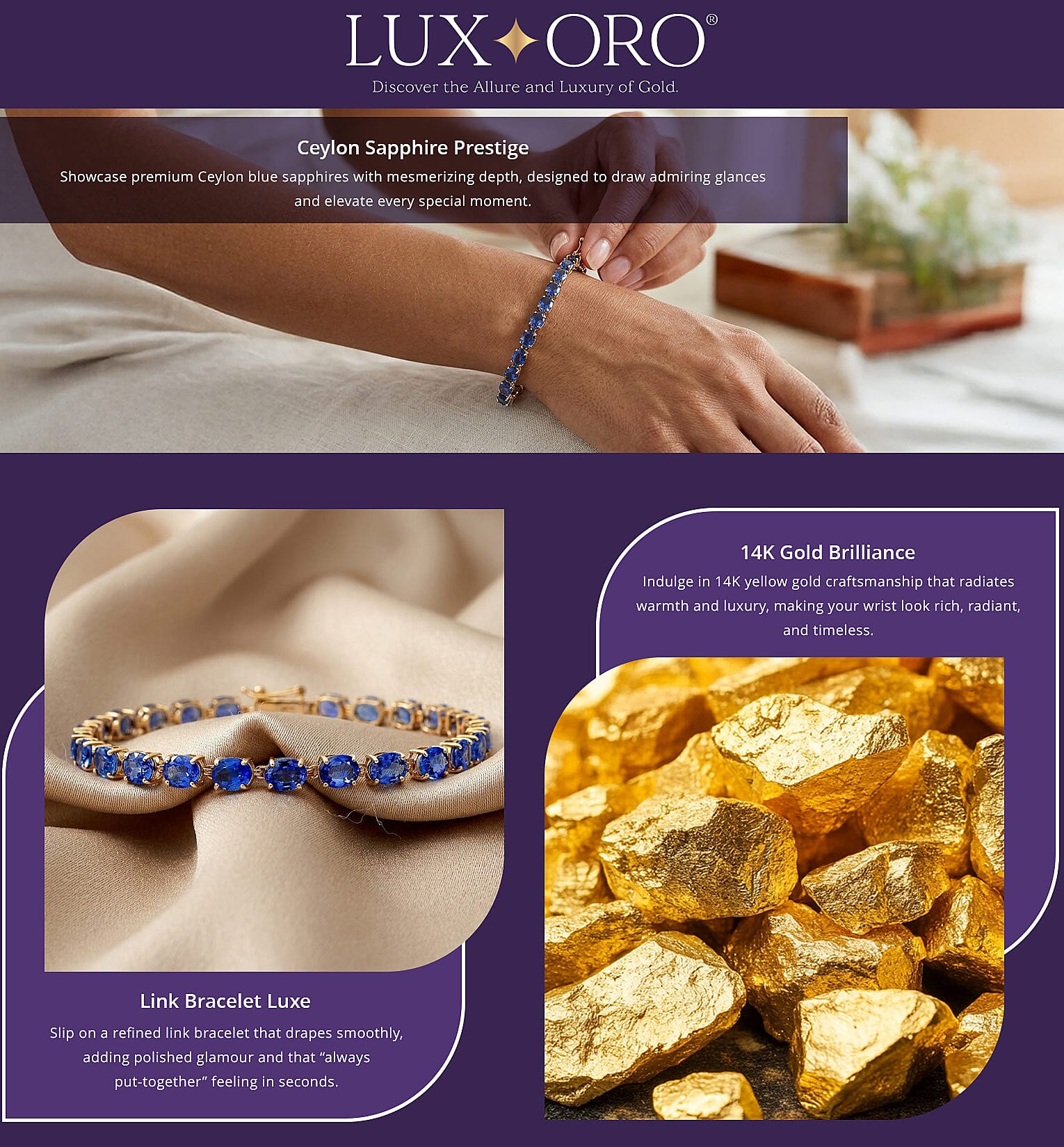 Luxoro 14K Yellow Gold Premium Ceylon Blue Sapphire 11.40 ctw Tennis Bracelet (6.50 In) Banner